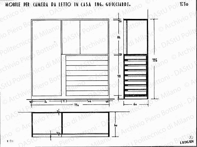 Mobile per camera da letto in casa ing. Guicciardi, pianta, sezione e vista frontale, scala 1:10, prot.1878, 9 dicembre 1934. China e matita su lucido, cm 37,5x50,0. 
