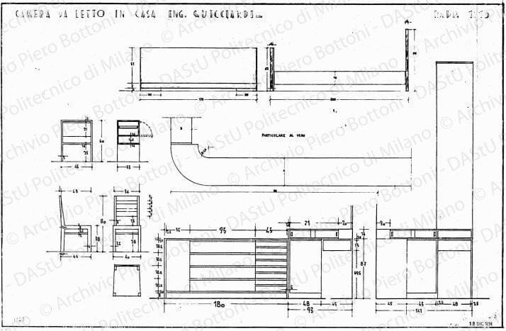 Camera da letto in casa ing. Guicciardi, viste, sezioni e particolari, scala 1:1, 1:10, prot. 1899, 18 dicembre 1934. China e matita su lucido, cm 48,0x74,0. 