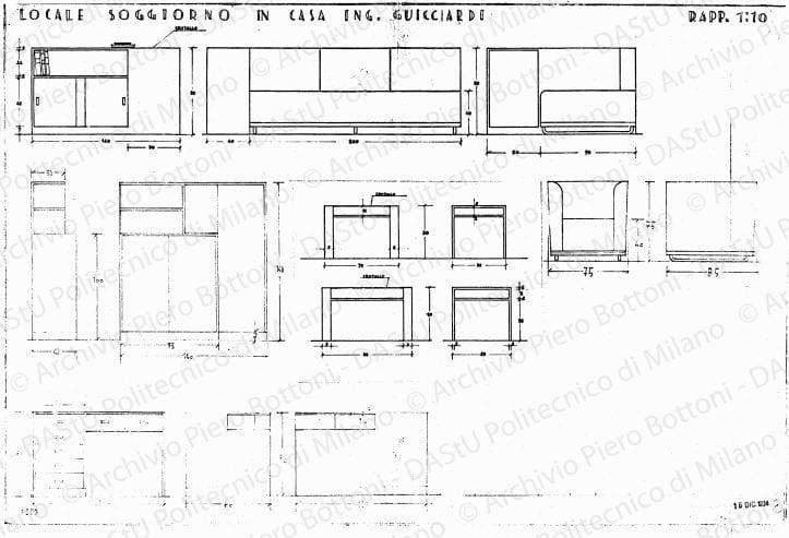Locale soggiorno in casa ing. Guicciardi, viste dei mobili, scala 1:10, prot. 1900, 18 dicembre 1934. China e matita su lucido, cm 50,2x73,0. 
