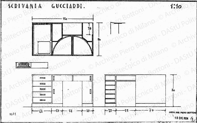 Scrivania Guicciardi, pianta e viste, scala 1:10, prot. 1901, 18 dicembre 1934. Matita su lucido, cm 31,5x49,0. 