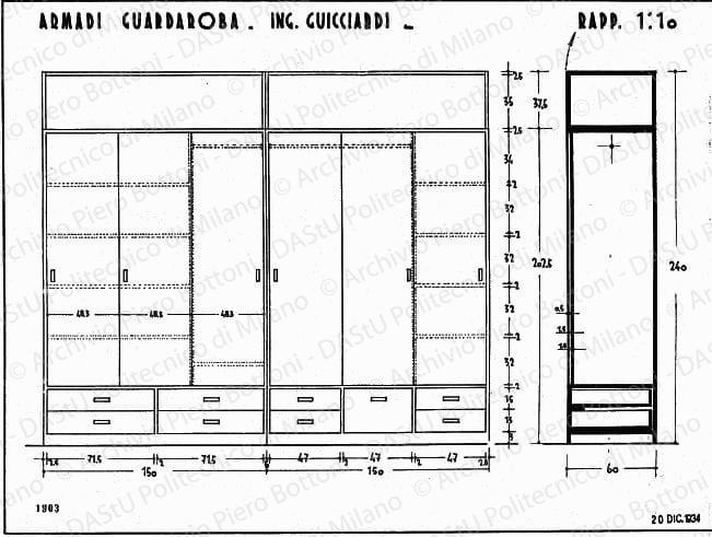 Armadi guardaroba ing. Guicciardi, vista e sezione, scala 1:10, prot. 1903, 20 dicembre 1934. China e matita su lucido, cm 49,0x50,5. 