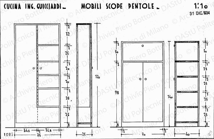 Cucina ing. Guicciardi, mobili scope e pentole, viste e sezioni, scala 1:10, prot. 1907, 31 dicembre 1934. China e matita su lucido, cm 24,5x37,0. 