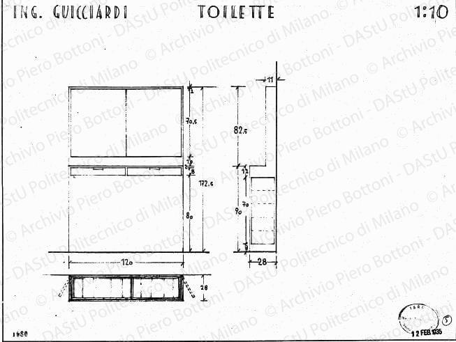 Ing. Guicciardi, toilette, pianta, vista e sezione, scala 1:10, prot. 1980, 12 febbraio 1935. Matita su lucido, cm 38,0x51,5. 