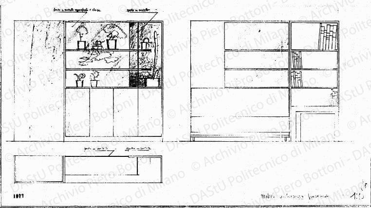 Mobile anticamera Guicciardi, pianta e viste, scala 1:10, prot. 1973, s.d. Matita su lucido, cm 35,0x57,0. 