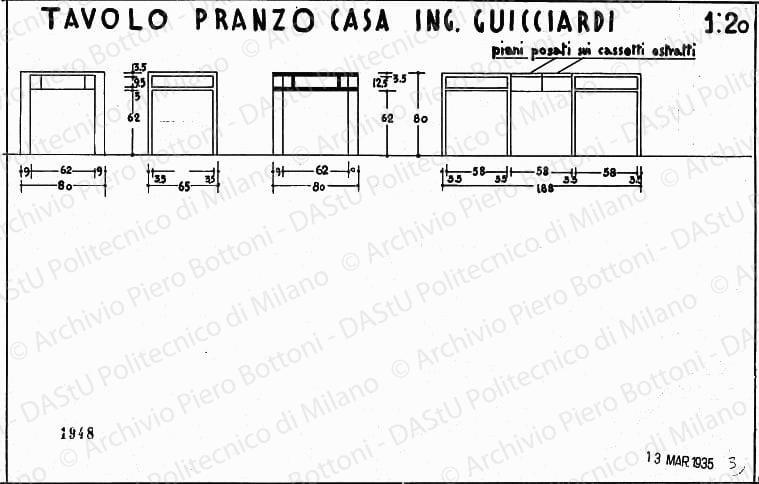 Tavolo pranzo casa ing. Guicciardi, viste e sezioni, scala 1:20, prot. 1948, 13 marzo 1935. China su lucido, cm 23,4x35,9. 