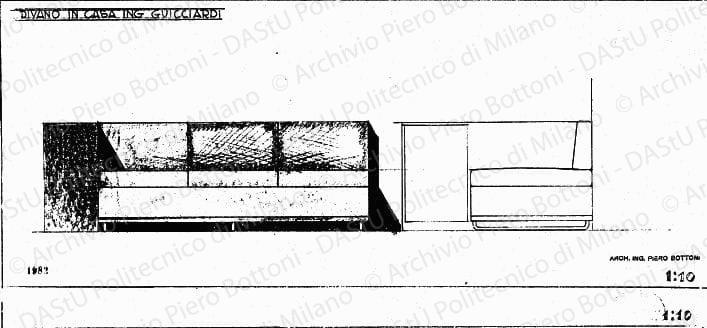 Divano in casa ing. Guicciardi, vista frontale e laterale, scala 1:10, prot. 1982, s.d. Matita su lucido, cm 26,0x50,4. 