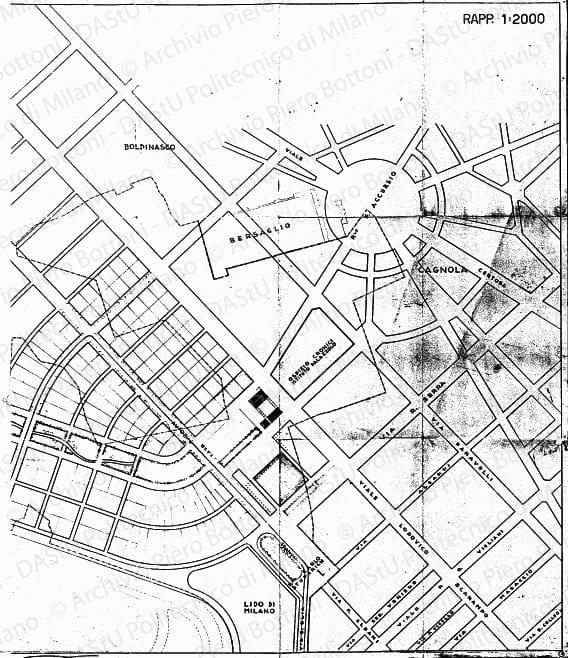 Milano, Quartiere Triennale, zonizzazione, planimetria, scala 1:2000, 8 novembre 1934. Matite colorate su eliografia su carta, timbrata, cm 95,8x145,0. 