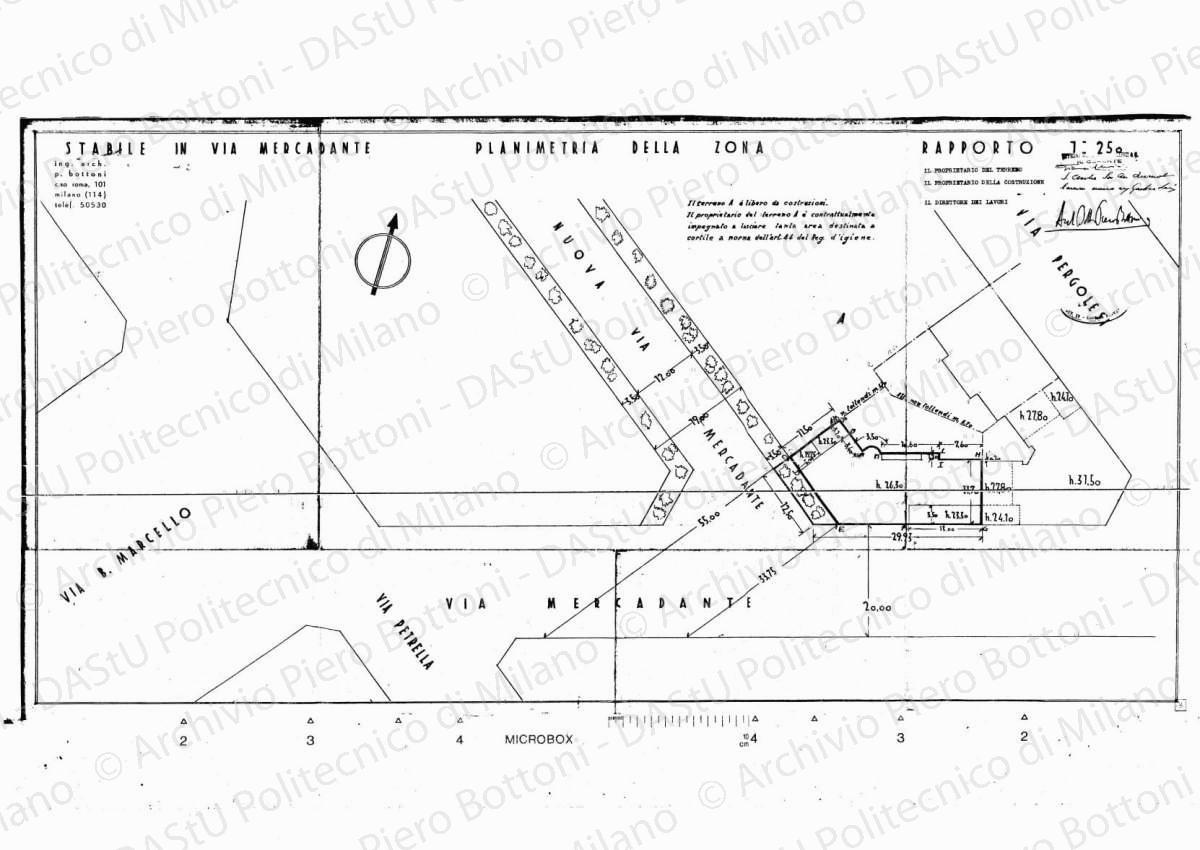 Stabile in via Mercadante, planimetria della zona, scala 1: 250, 20 agosto 1934. Eliografia su carta, timbrata e firmata da P. Bottoni e altri, cm 42,5 x 82,5.