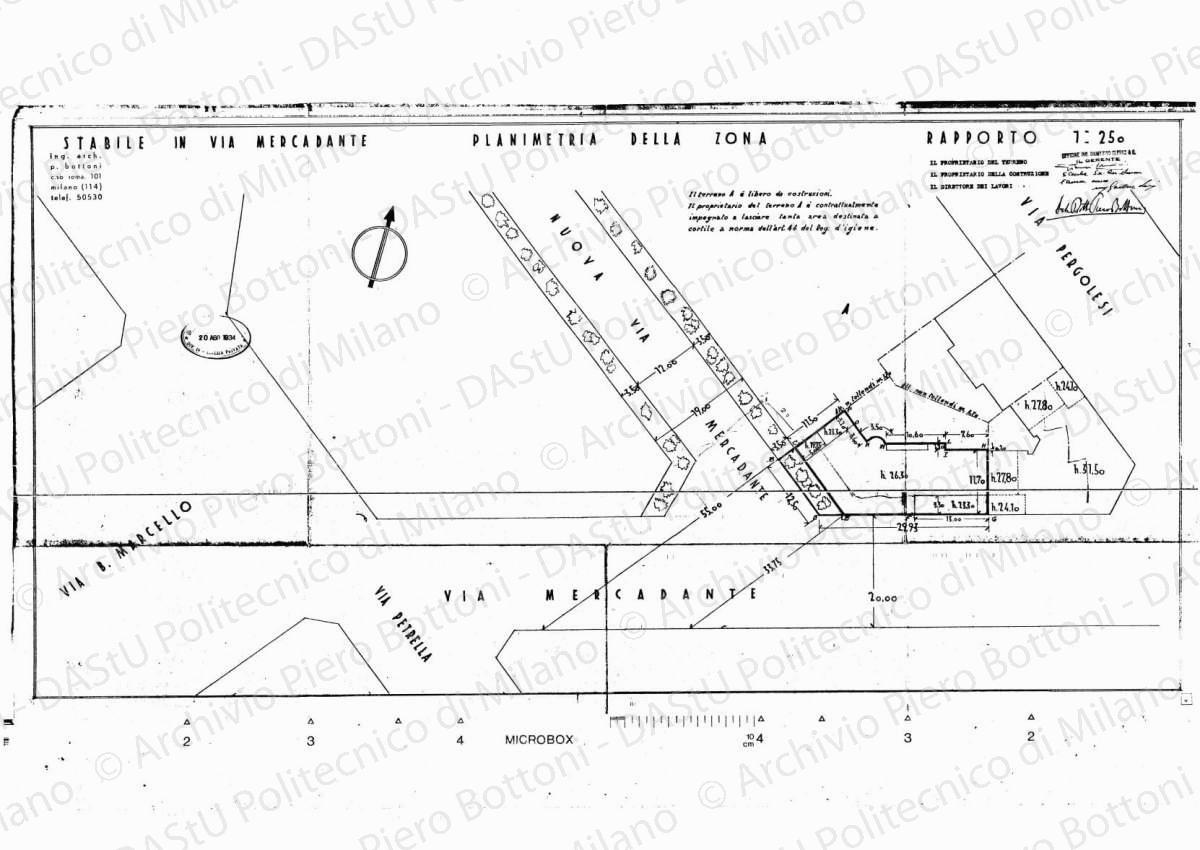 Stabile in via Mercadante, planimetria della zona, scala 1: 250, 20 agosto 1934. Eliografia su carta, timbrata e firmata da P. Bottoni e altri, cm 43,6 x 83,7. Annotazioni a matita.
