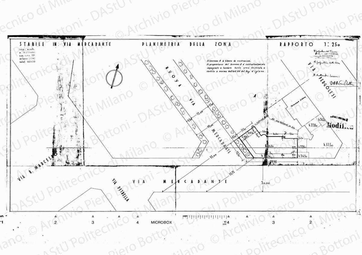 Stabile in via Mercadante, planimetria della zona, scala 1: 250, modifica 3 settembre 1934. Eliografia su carta, timbrata e firmata da P. Bottoni e altri, cm 42,2 x 82,1.