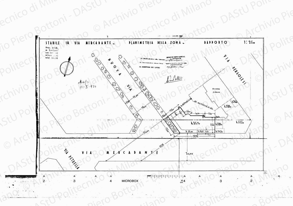 Stabile in via Mercadante, planimetria della zona, scala 1: 250, modifica 15 ottobre 1934. Eliografia su carta, timbrata e firmata da P. Bottoni e altri, cm 40,1 x 66,3.