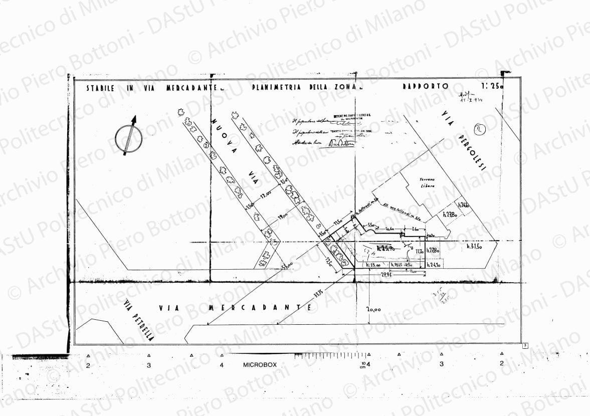 Stabile in via Mercadante, planimetria della zona, scala 1: 250, modifica 15 ottobre 1934. Eliografia su carta, timbrata e firmata da P. Bottoni e altri, cm 40,4 x 66,4. Correzione a matita.