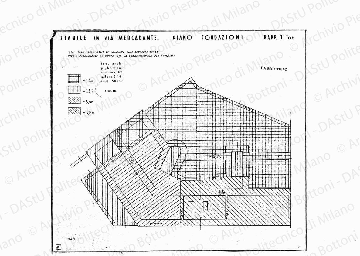 Stabile in via Mercadante, piano fondazioni, scala 1:100, 17 settembre 1934. Eliografia su carta, cm 37,8 x 43,4.