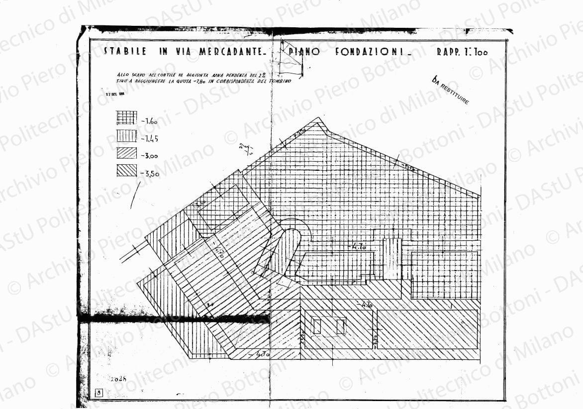 Stabile in via Mercadante, piano fondazioni, scala 1:100, 17 settembre 1934. Eliografia su carta, cm 39,3 x 44,9.