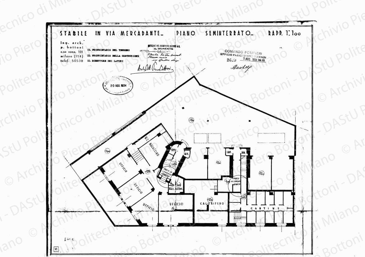 Stabile in via Mercadante, piano seminterrato, scala 1:100, 20 agosto 1934. Eliografia su carta, timbrata e firmata da P. Bottoni e altri, cm 38,4 x 44,5.