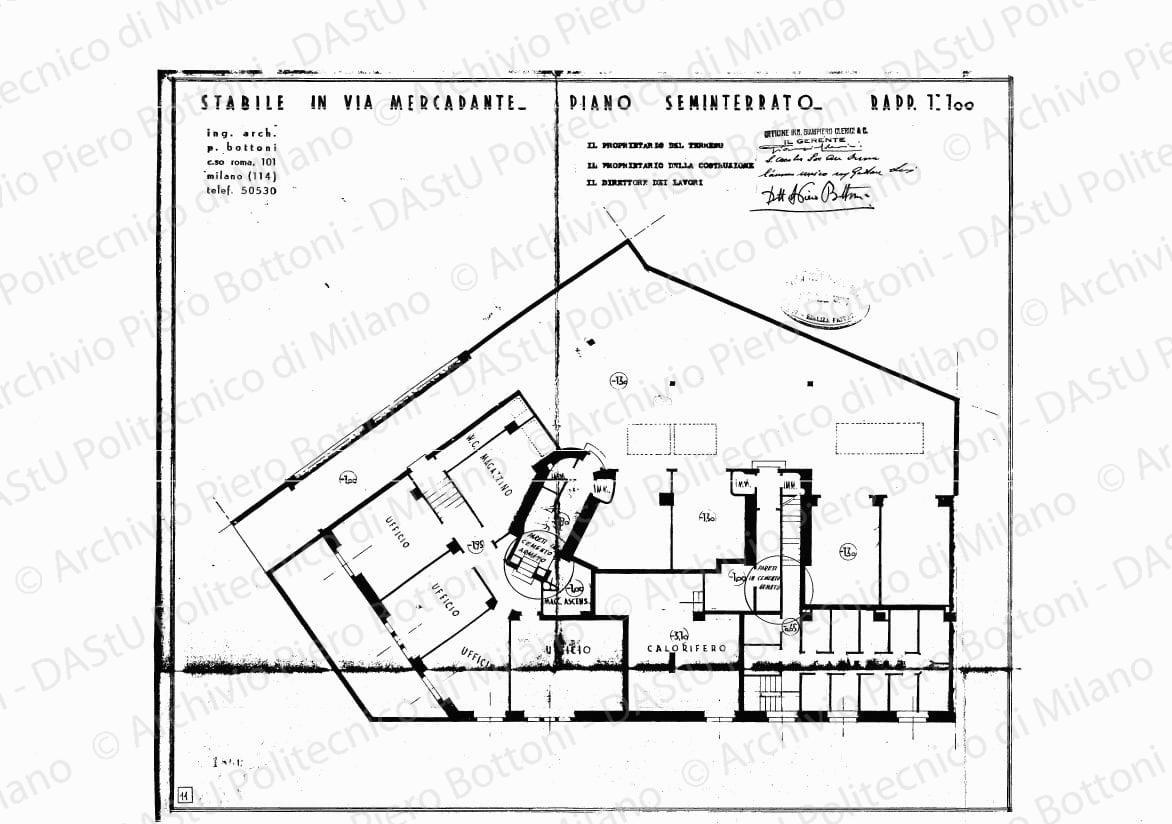 Stabile in via Mercadante, piano seminterrato, scala 1:100, 20 agosto 1934. Eliografia su carta, timbrata e firmata da P. Bottoni e altri, cm 38,5 x 44,5.