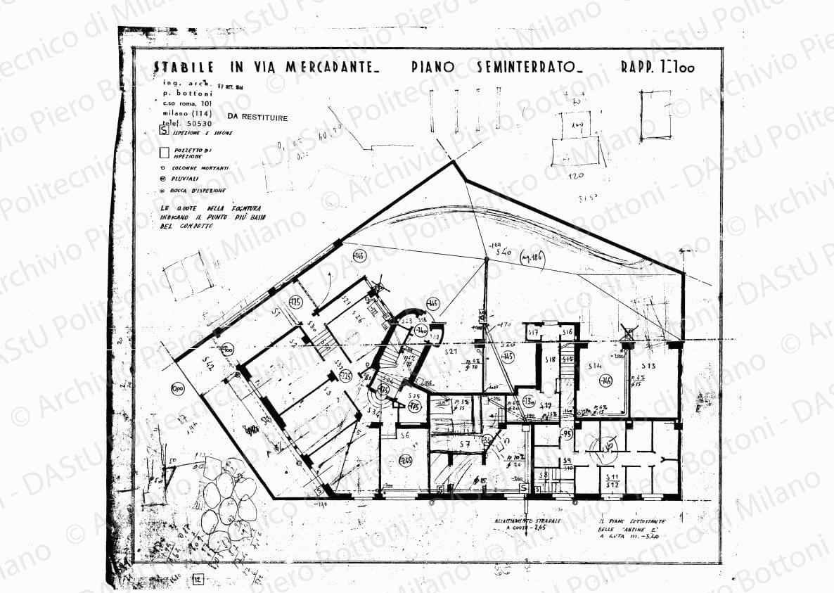 Stabile in via Mercadante, piano seminterrato, scala 1:100, 17 settembre 1934. Eliografia su carta, cm 40,7 x 46,2. Correzioni e annotazioni a matita.