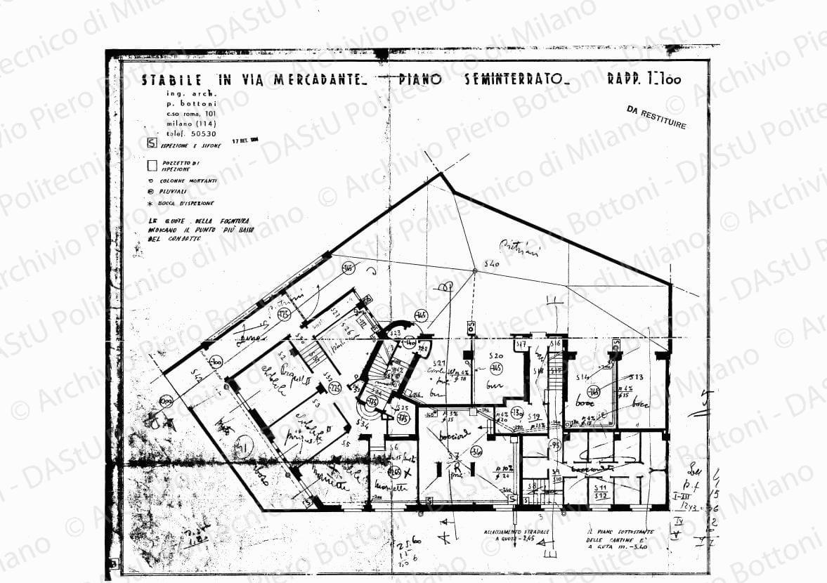 Indicazioni di finitura su: Stabile in via Mercadante, piano seminterrato, scala 1:100, 17 settembre 1934.Matita e matite colorate su eliografia su carta, cm 38,8 x 44,6.