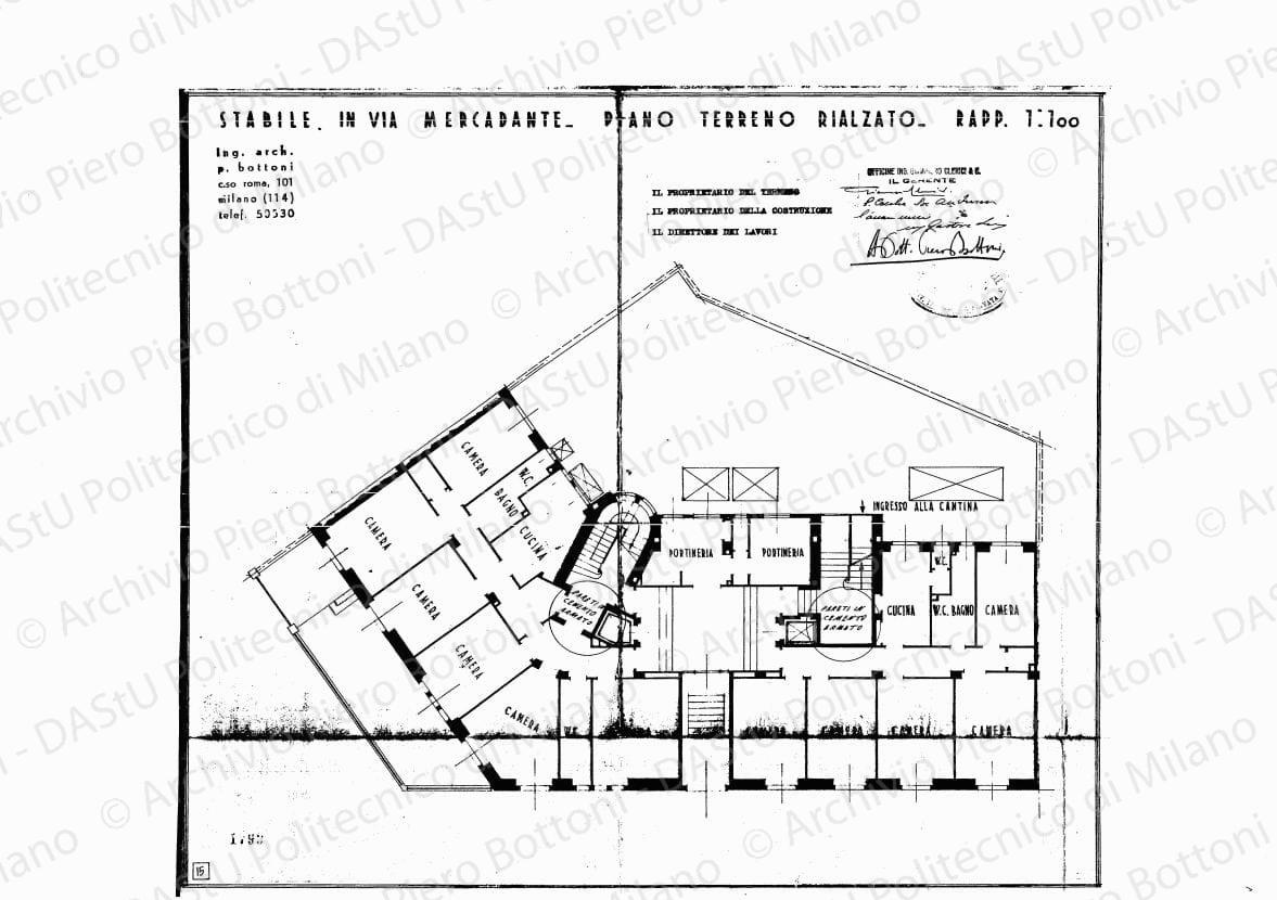Stabile in via Mercadante, piano terreno rialzato, scala 1:100, 20 agosto 1934. Eliografia su carta, timbrata e firmata da P. Bottoni e altri, cm 38,3 x 43,7.
