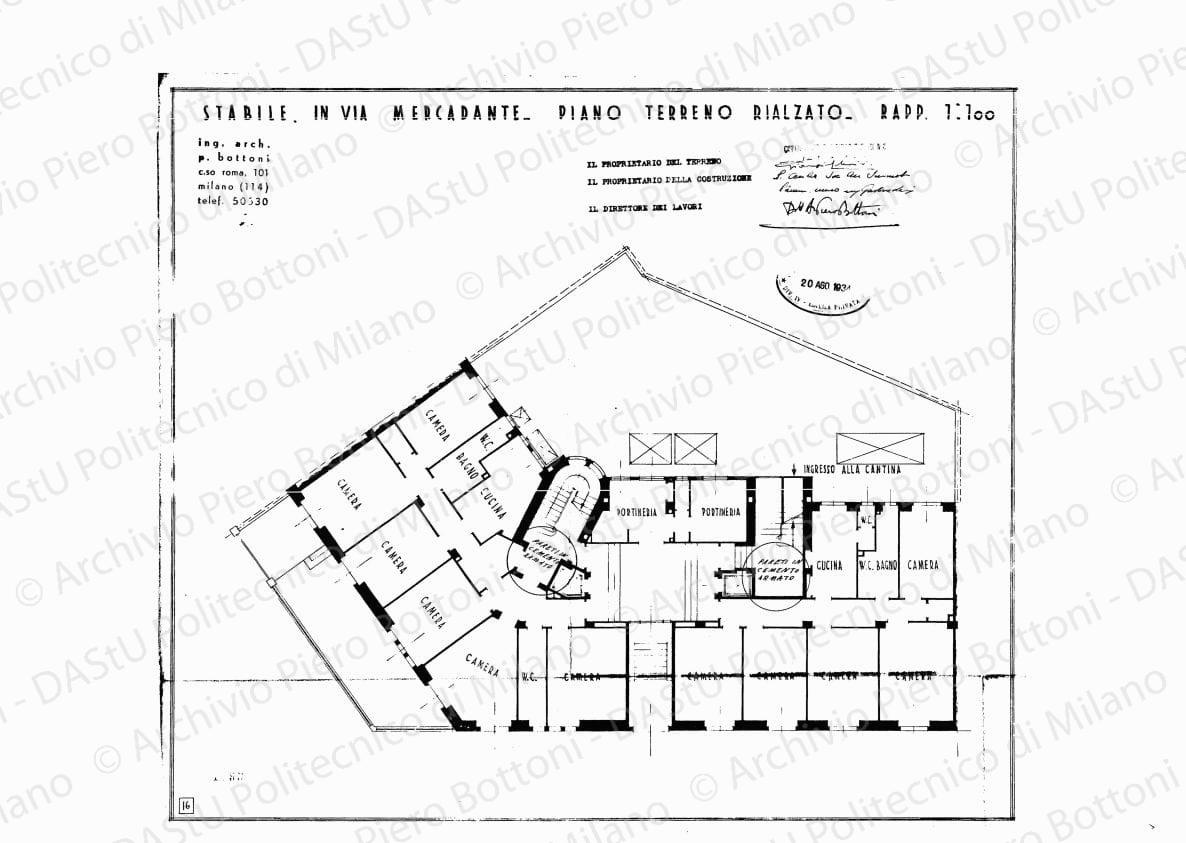 Stabile in via Mercadante, piano terreno rialzato, scala 1:100, 20 agosto 1934. Eliografia su carta, timbrata e firmata da P. Bottoni e altri, cm 38,7 x 44,4.