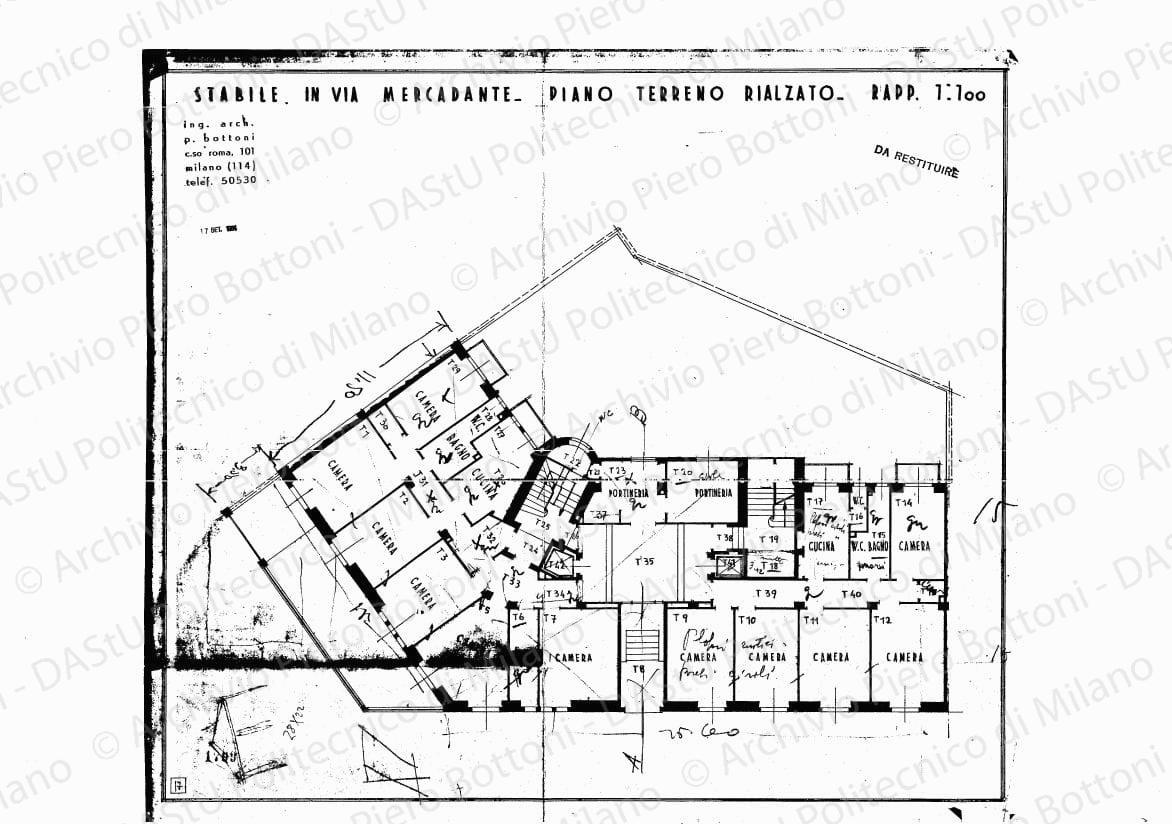 Indicazioni di finitura su: Stabile in via Mercadante, piano terreno rialzato, scala 1:100, 17 settembre1934. Matita e matite colorate su eliografia su carta, cm 39,6 x 44,5.