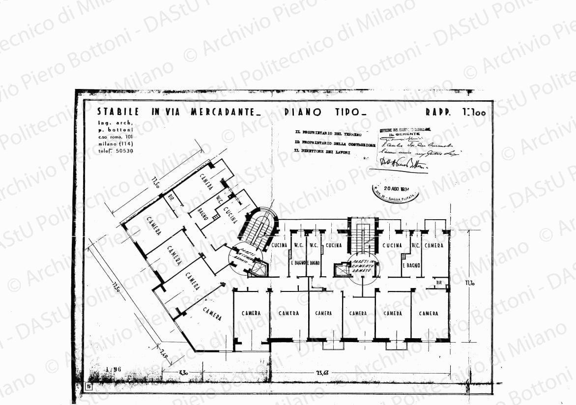 Stabile in via Mercadante, piano tipo, scala 1:100, 20 agosto 1934. Eliografia su carta, timbrata e firmata da P. Bottoni e altri, cm 32,8 x 44,7.