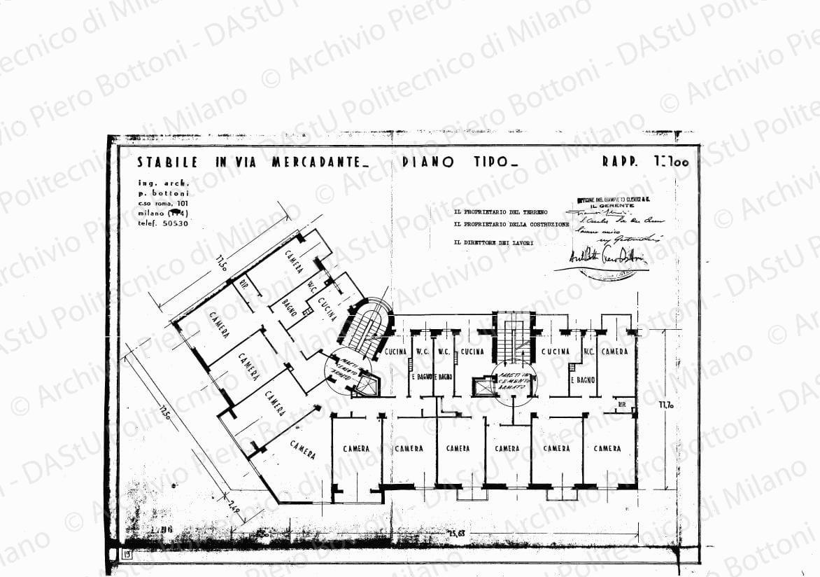 Stabile in via Mercadante, piano tipo, scala 1:100, 20 agosto 1934. Eliografia su carta, timbrata e firmata da P. Bottoni e altri, cm 32,7 x 44,6.