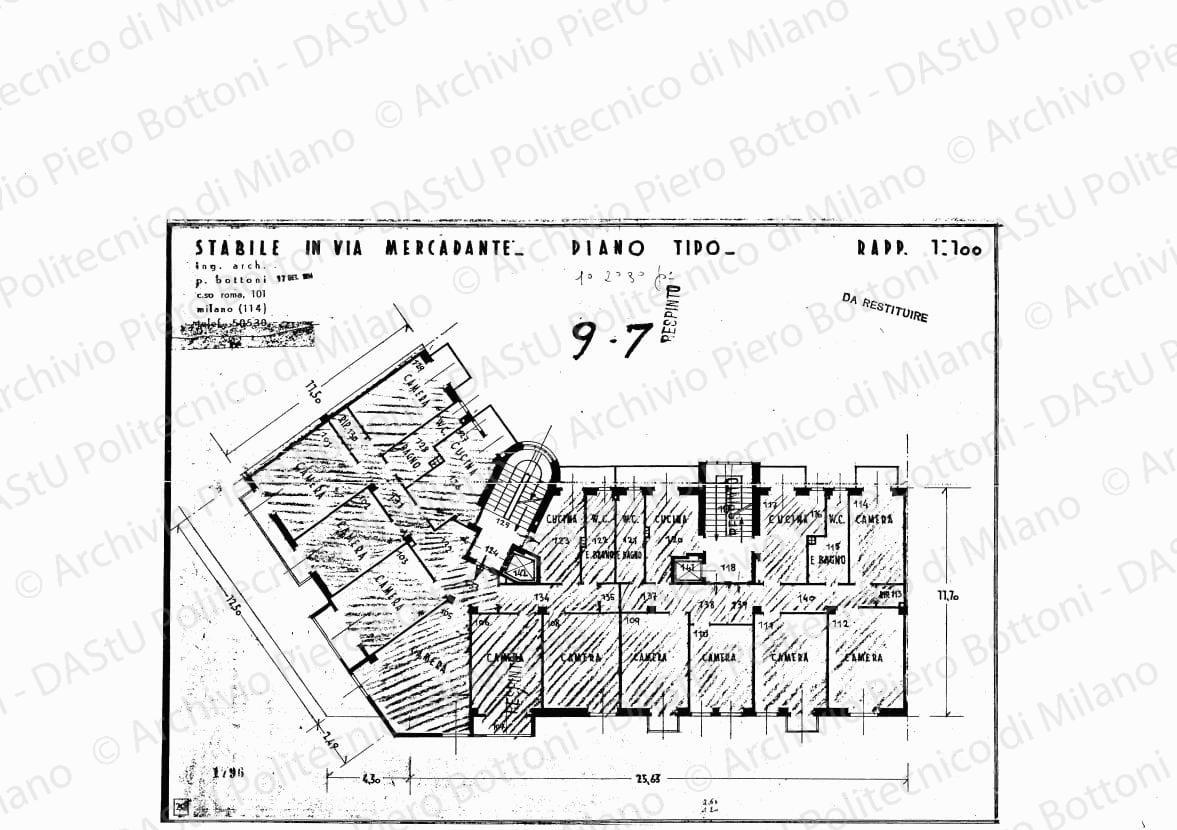 Stabile in via Mercadante, piano tipo, scala 1:100, 17 settembre 1934. Matite colorate su eliografia su carta, cm 31,0 x 43,4. Timbro: respinto.