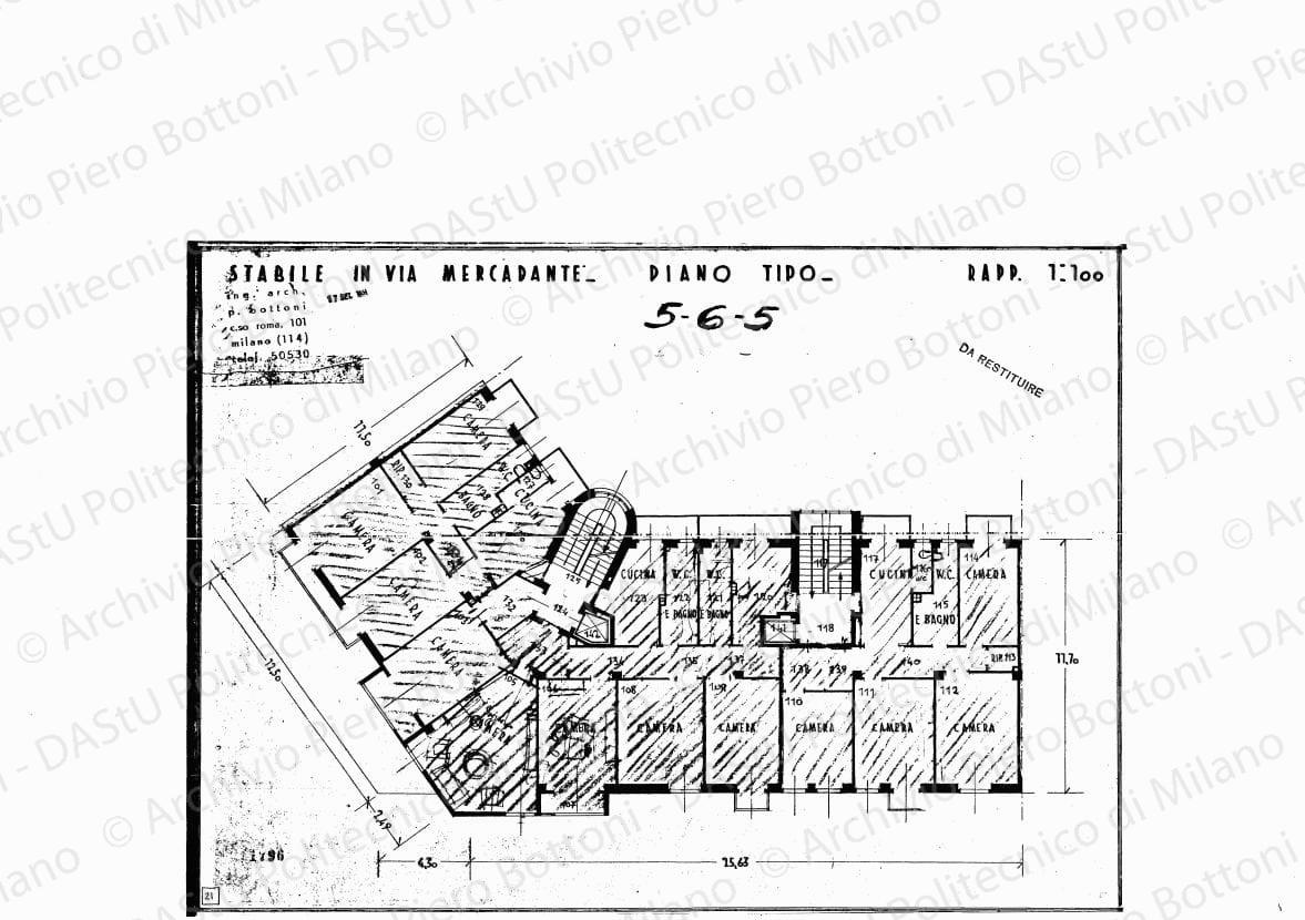 Stabile in via Mercadante, piano tipo, scala 1:100, 17 settembre 1934. Matite colorate su eliografia su carta, cm 31,0 x 43,4. Annotazioni d?arredo a matita.