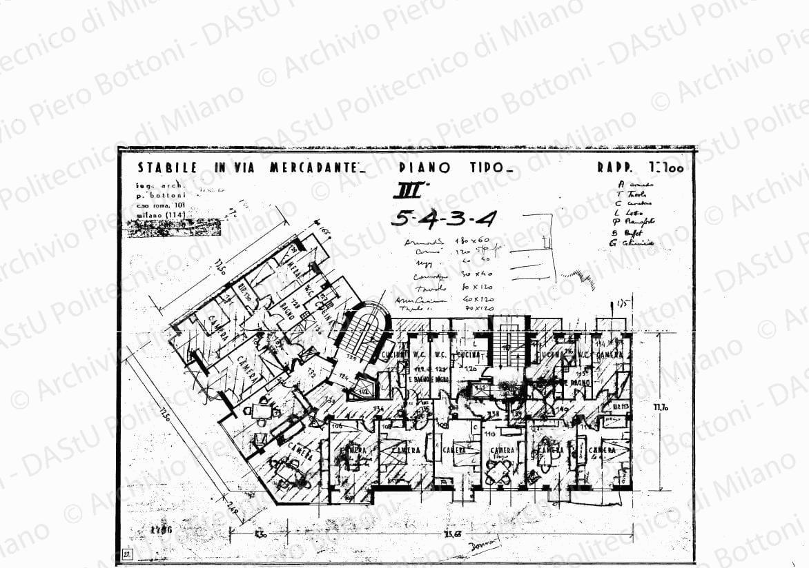 Studio d?arredo su: Stabile in via Mercadante, piano tipo, scala 1:100, 17 settembre 1934. Matita e matite colorate su eliografia su carta, cm 31,4 x 43,1.