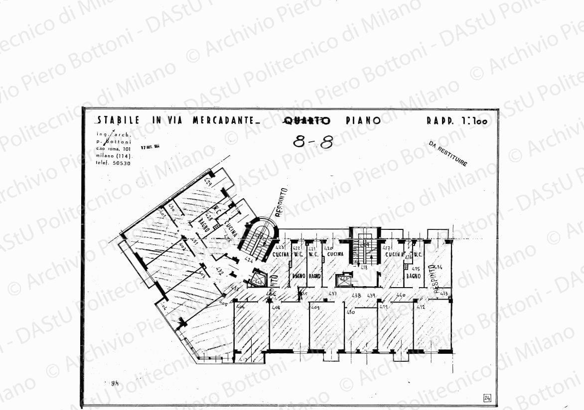 Stabile in via Mercadante, quarto piano, scala 1:100, 17 settembre 1934. Matite colorate su eliografia su carta, cm 31,0 x 43,2. Timbro: respinto.