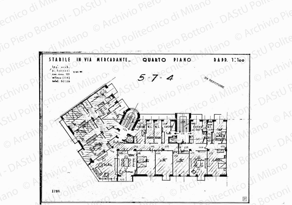 Studio d?arredo su: Stabile in via Mercadante, quarto piano, scala 1:100, 17 settembre 1934. Matite colorate su eliografia su carta, cm 31,6 x 43,4.