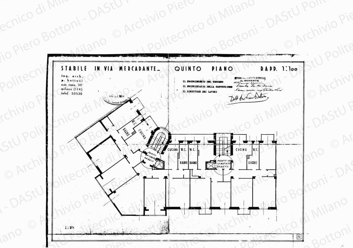 Stabile in via Mercadante, quinto piano, scala 1:100, 20 agosto 1934. Eliografia su carta, timbrata e firmata da P. Bottoni e altri, cm 33,0 x 44,9.