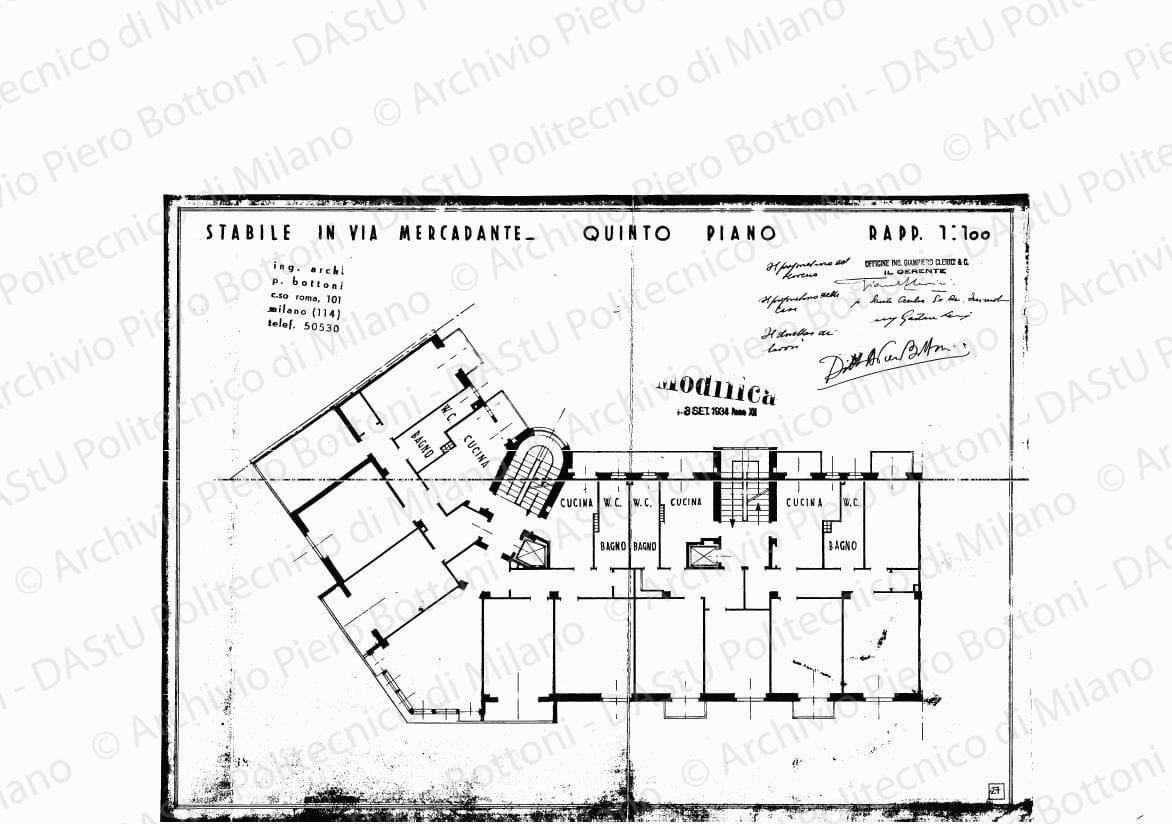 Stabile in via Mercadante, quinto piano, scala 1:100, modifica 3 settembre 1934. Eliografia su carta, timbrata e firmata da P. Bottoni e altri, cm 32,0 x 44,3.