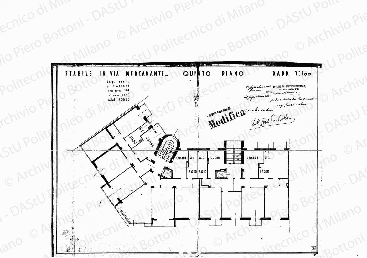 Stabile in via Mercadante, quinto piano, scala 1:100, modifica 3 settembre 1934. Eliografia su carta, timbrata e firmata da P. Bottoni e altri, cm 32,0 x 44,3.