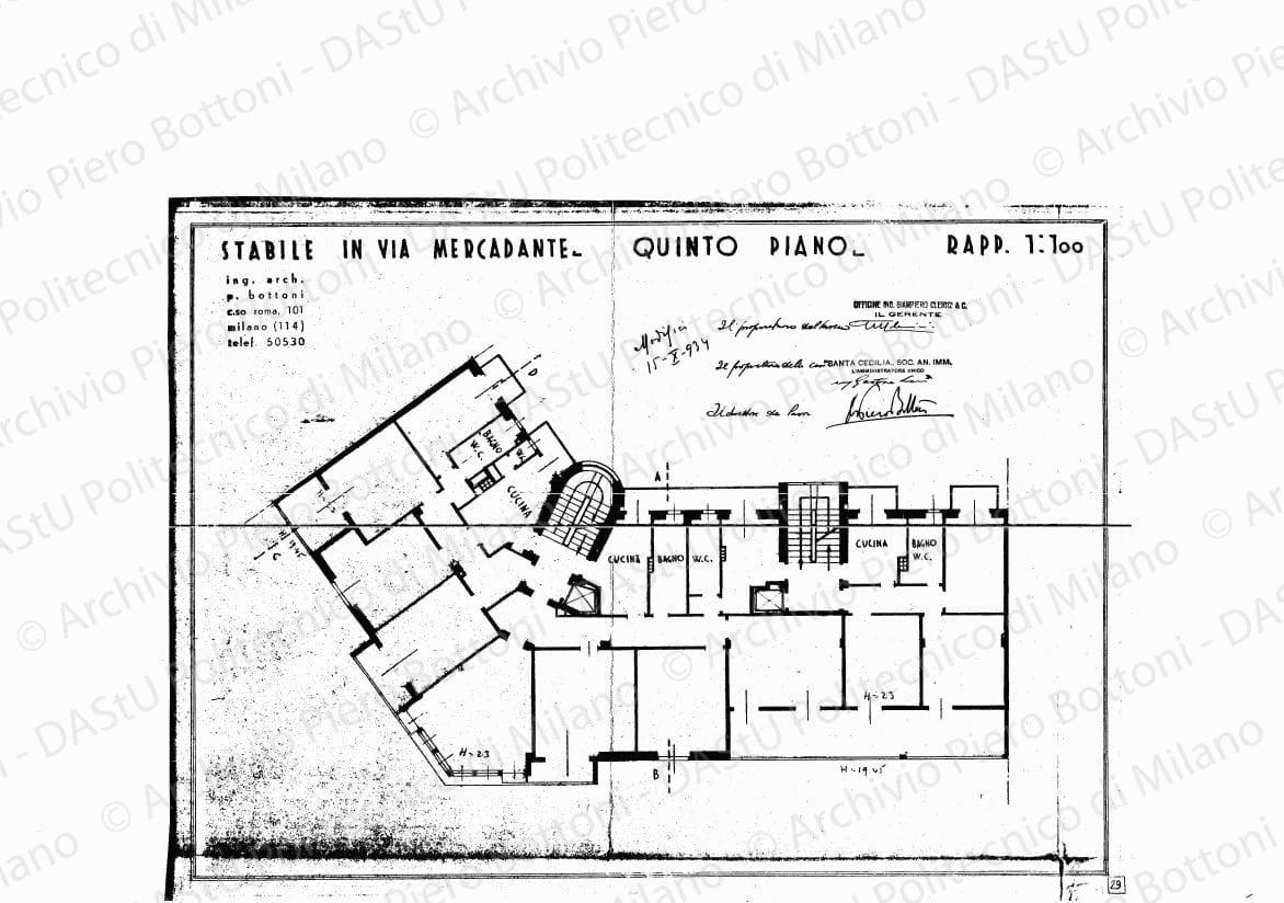 Stabile in via Mercadante, quinto piano, scala 1:100, modifica 15 ottobre 1934. Eliografia su carta, timbrata e firmata da P. Bottoni e altri, cm 32,6 x 44,8. Annotazioni a matita.