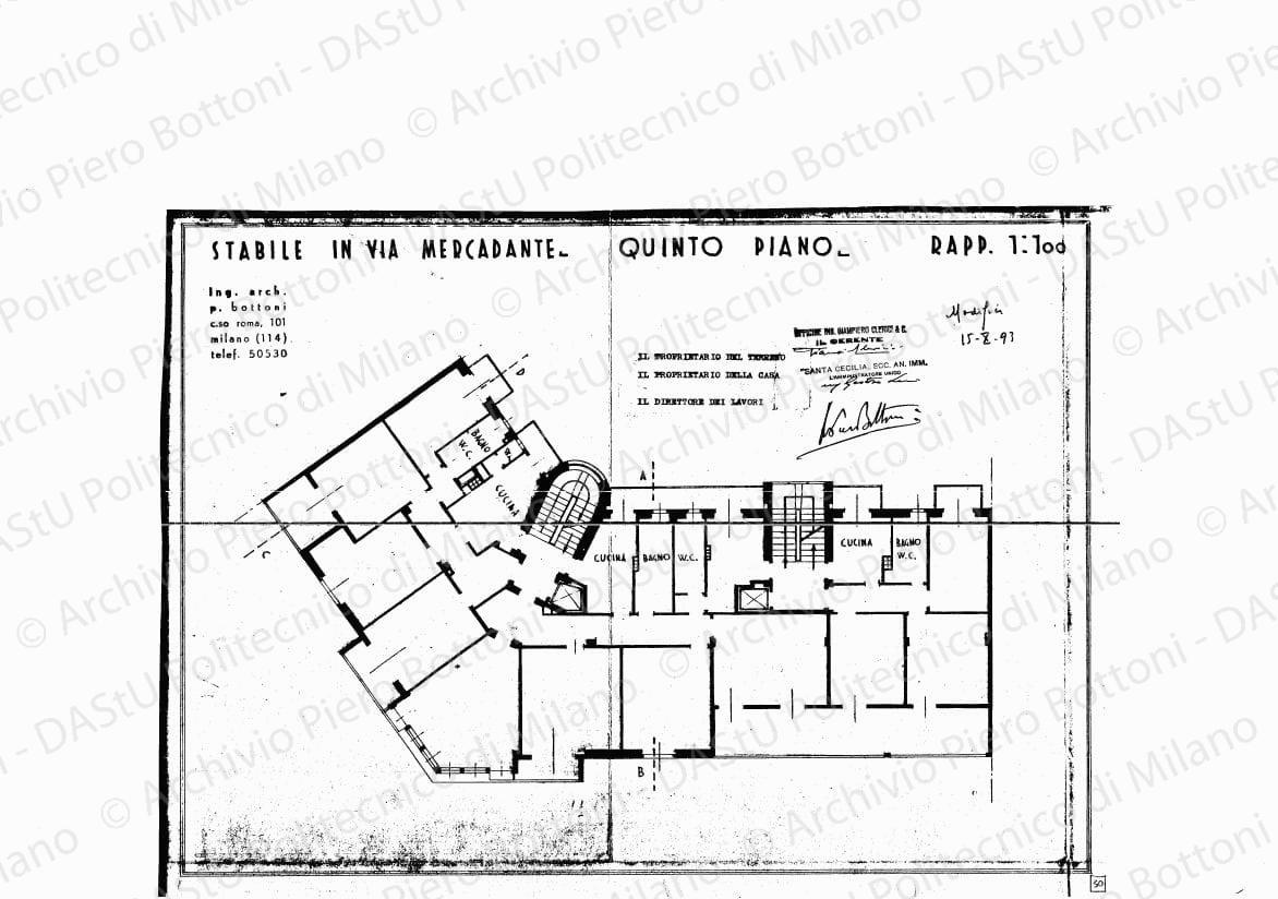 Stabile in via Mercadante, quinto piano, scala 1:100, modifica 15 ottobre 1934. Eliografia su carta, timbrata e firmata da P. Bottoni e altri, cm 32,3 x 44,9.