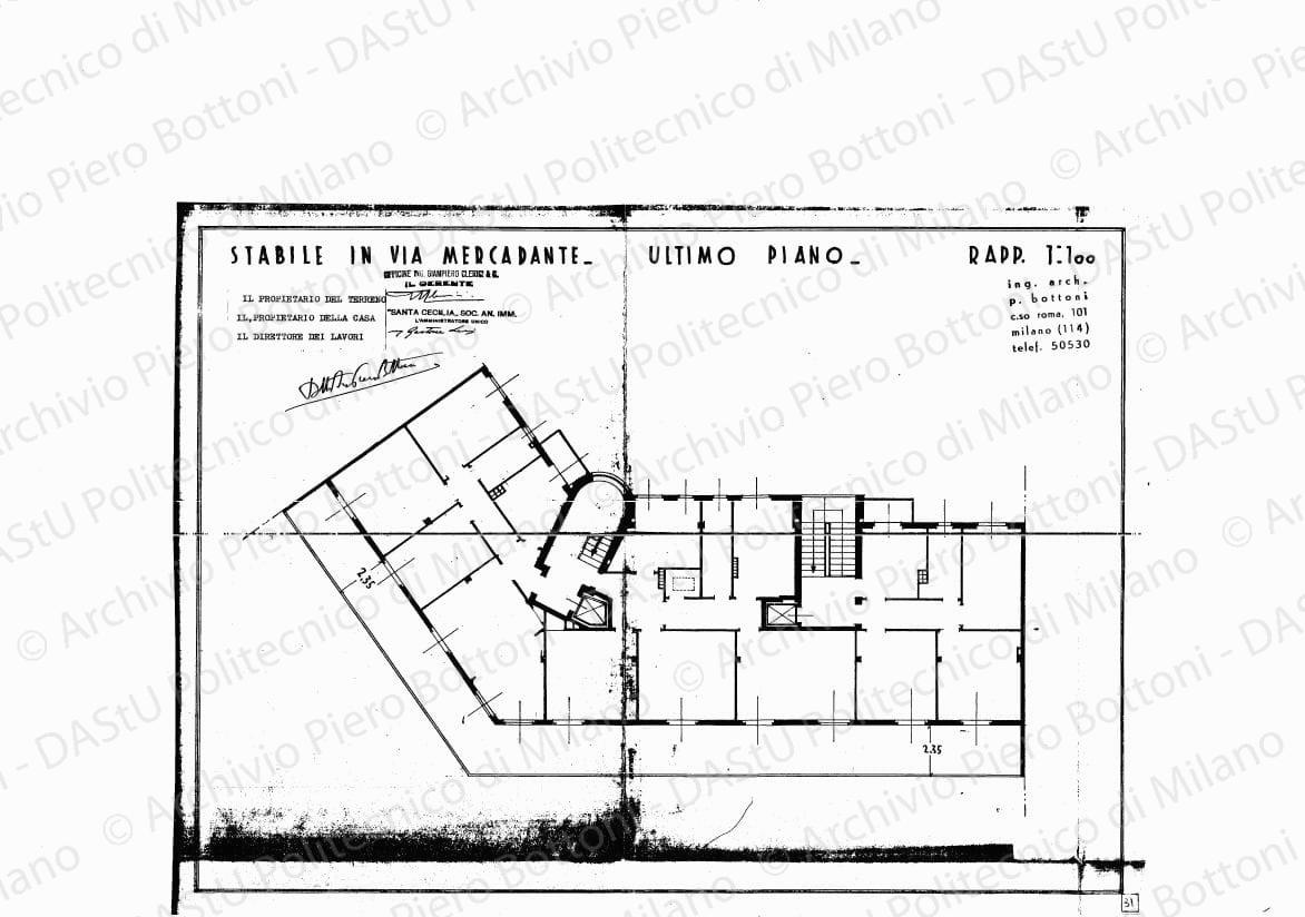 Stabile in via Mercadante, ultimo piano, scala 1:100, s.d. Eliografia su carta, timbrata e firmata da P. Bottoni e altri, cm 32,7 x 44,6.