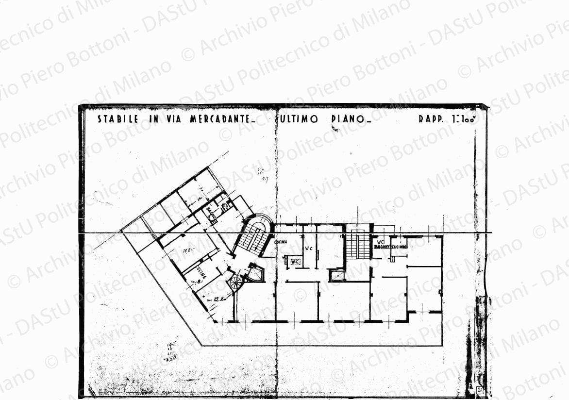 Stabile in via Mercadante, ultimo piano, scala 1:100, s.d. Eliografia su carta, cm 31,2 x 43,7. Correzioni e annotazioni a matita.