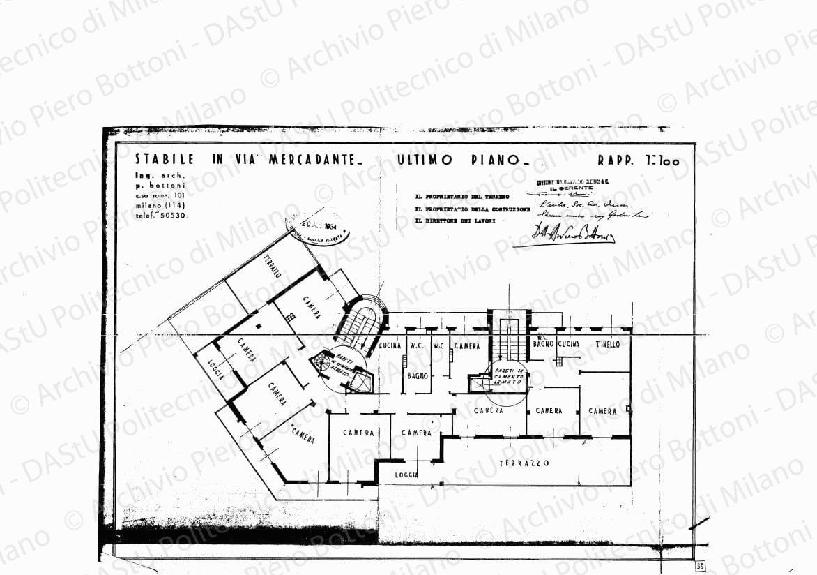 Stabile in via Mercadante, ultimo piano, scala 1:100, 20 agosto 1934. Eliografia su carta, timbrata e firmata da P. Bottoni e altri, cm 32,7 x 44,8.