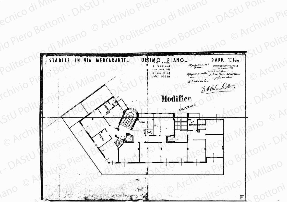 Stabile in via Mercadante, ultimo piano, scala 1:100, modifica 3 settembre 1934. Eliografia su carta, timbrata e firmata da P. Bottoni e altri, cm 31,2 x 43,7.