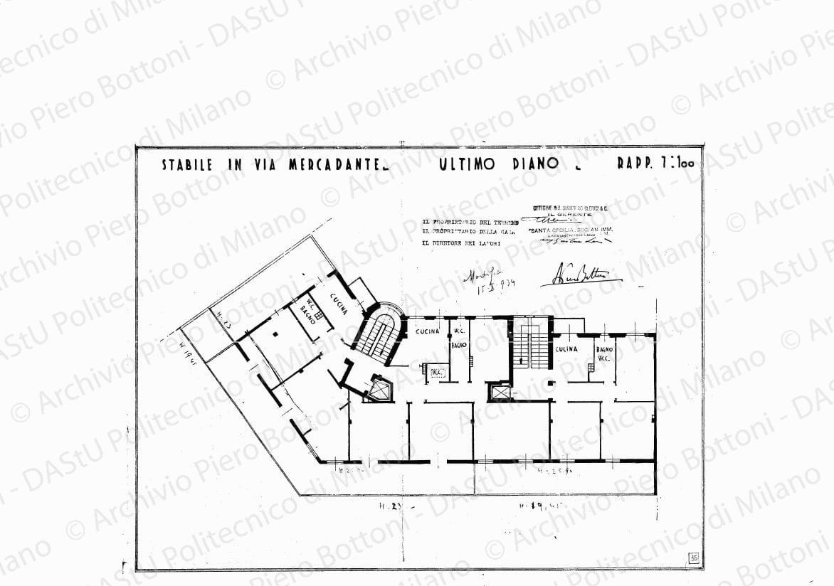 Stabile in via Mercadante, ultimo piano, scala 1:100, modifica 15 ottobre 1934. Eliografia su carta, timbrata e firmata da P. Bottoni e altri, cm 32,1 x 44,8. Annotazioni a matita.