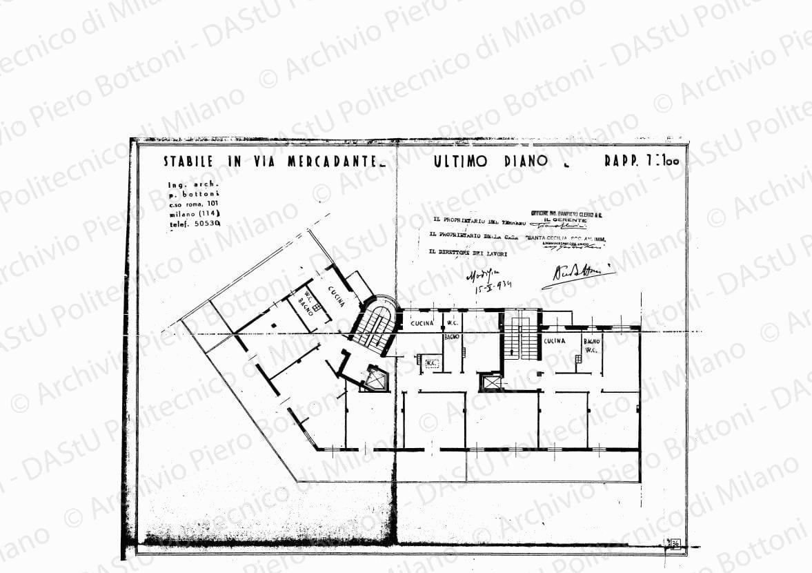 Stabile in via Mercadante, ultimo piano, scala 1:100, modifica 15 ottobre 1934. Eliografia su carta, timbrata e firmata da P. Bottoni e altri, cm 31,6 x 42,9.