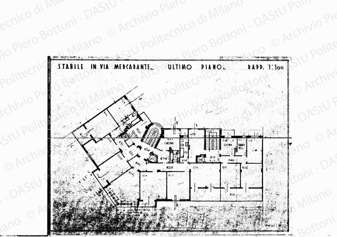 Stabile in via Mercadante, ultimo piano, scala 1:100, s.d. Eliografia su carta, cm 31,8 x 43,5.
