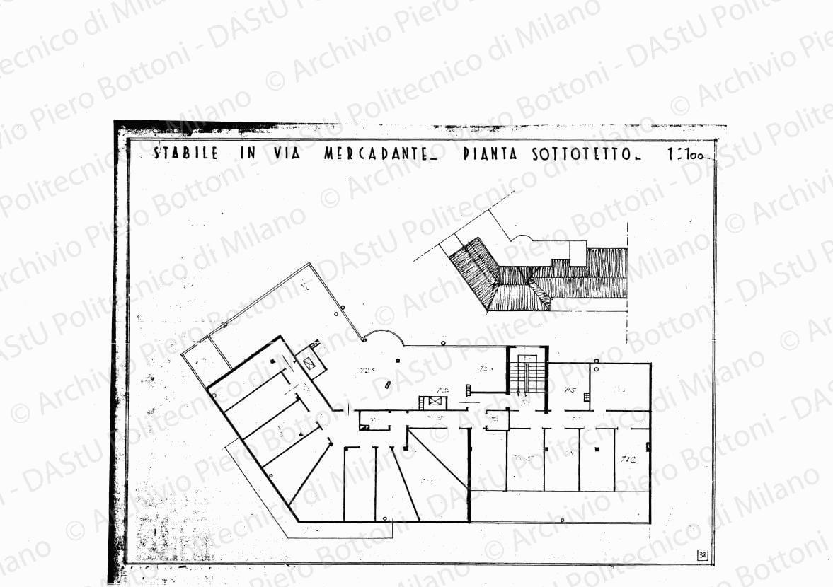 Stabile in via Mercadante, pianta sottotetto, scala 1:100, s.d. Eliografia su carta, cm 33,2 x 44,1.