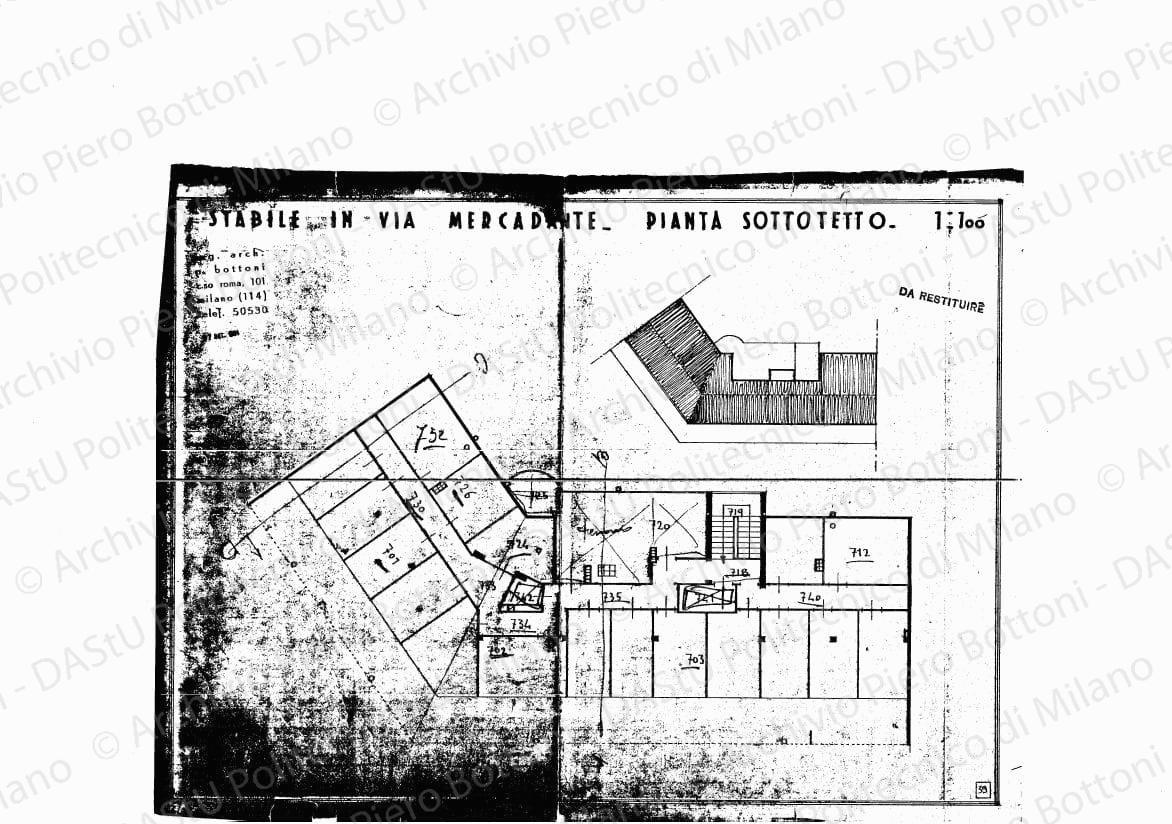 Stabile in via Mercadante, pianta sottotetto, scala 1:100, 17 settembre 1934. Eliografia su carta, cm 33,1 x 44,3. Annotazioni a matita e matita blu.