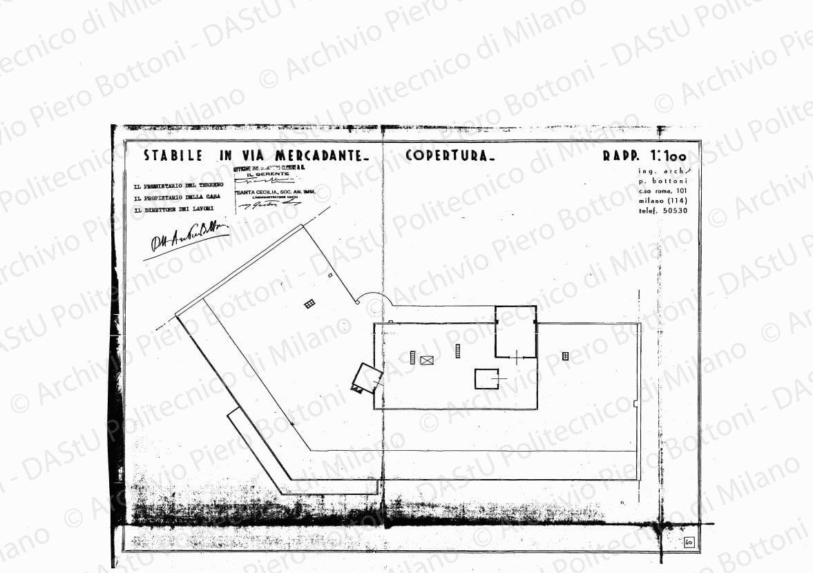 Stabile in via Mercadante, copertura, scala 1:100, s.d. Eliografia su carta, timbrata e firmata da P. Bottoni e altri, cm 32,8 x 44,7.