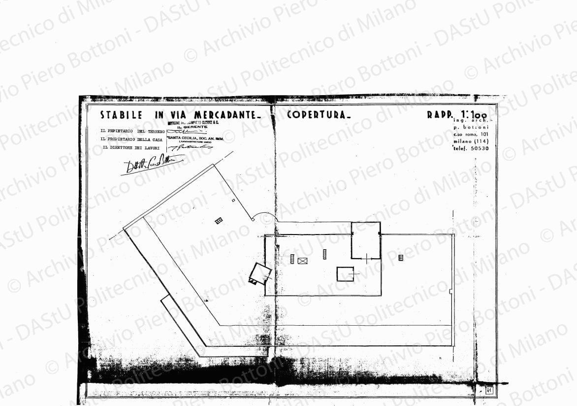 Stabile in via Mercadante, copertura, scala 1:100, s.d. Eliografia su carta, timbrata e firmata da P. Bottoni e altri, cm 32,3 x 44,4.