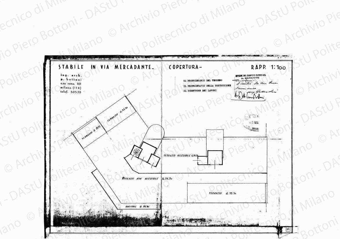 Stabile in via Mercadante, copertura, scala 1:100, 20 agosto 1934. Eliografia su carta, timbrata e firmata da P. Bottoni e altri, cm 32,3 x 44,6.