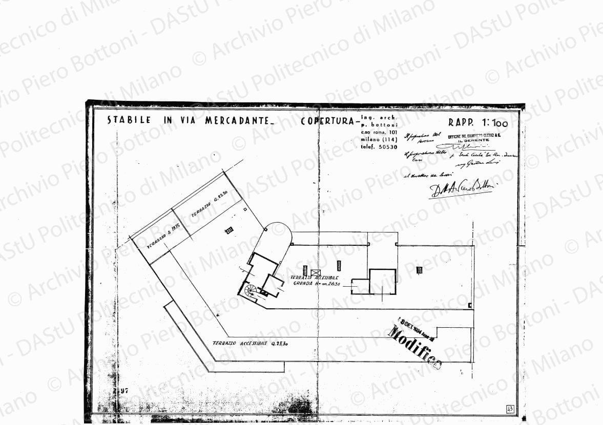 Stabile in via Mercadante, copertura, scala 1:100, modifica 3 settembre 1934. Eliografia su carta, timbrata e firmata da P. Bottoni e altri, cm 31,8 x 43,8.